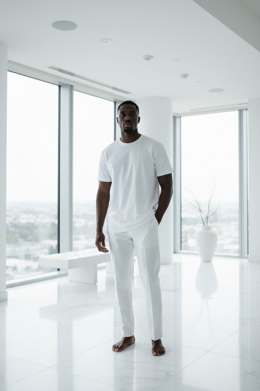 Premium Tee white colorway worn in luxury penthouse setting