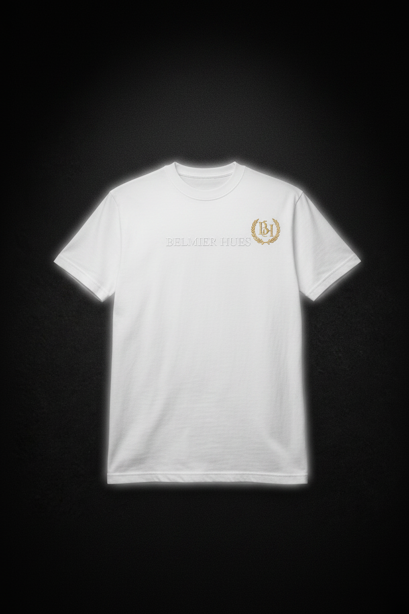 Signature Tee white colorway ghost mannequin with halo spotlight on black background