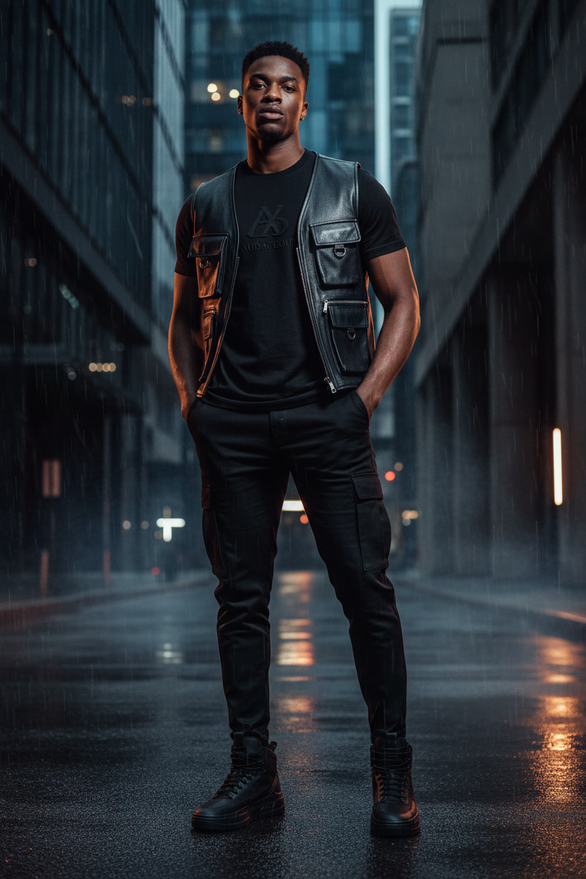 Signature Tee worn by model in dark luxury urban environment