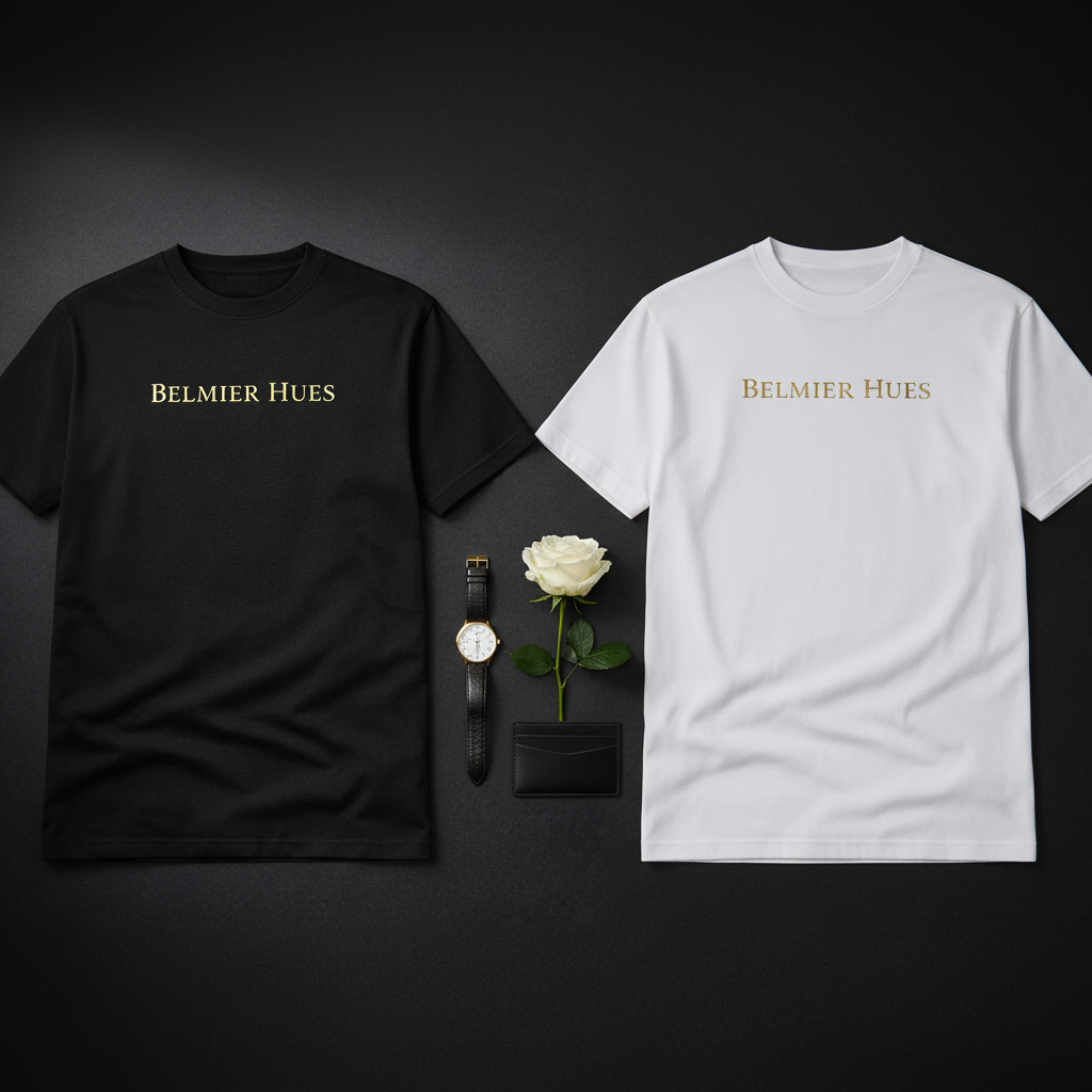Core Tee black and white colorways flat lay with gold watch on obsidian surface