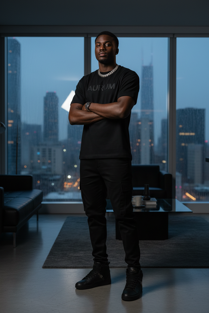 Core Tee worn by model in urban luxury setting