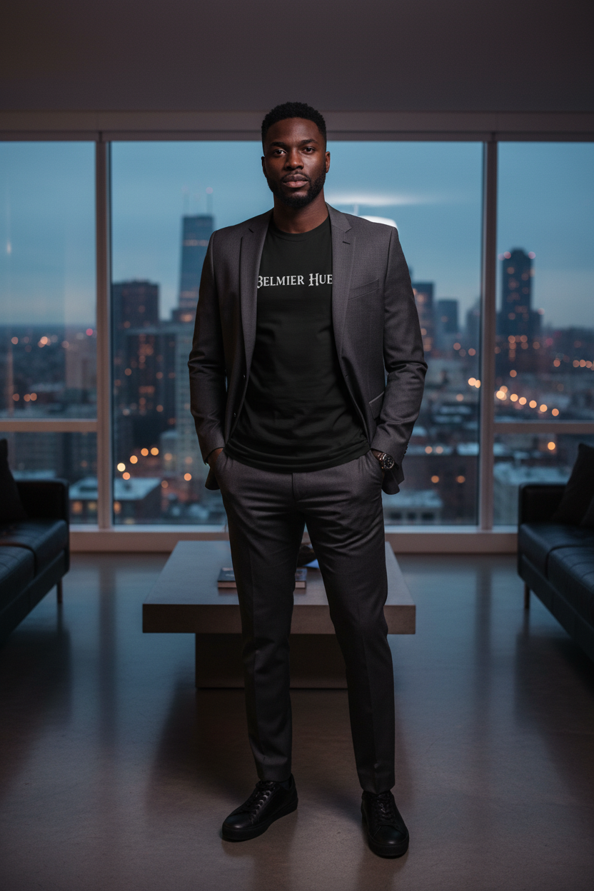 Premium Tee worn by model in luxury penthouse setting